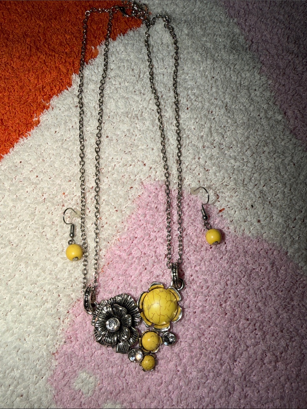 Silver-Tone Yellow Floral Pendant Necklace & Earrings Set
